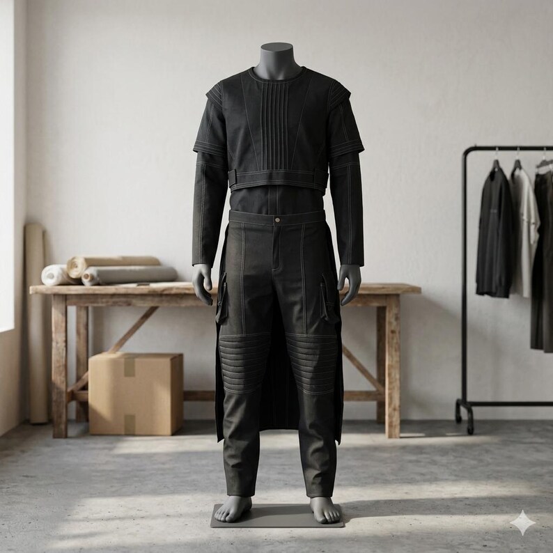 May include: A black two-piece outfit on a mannequin consisting of a cropped short-sleeve top with vertical pleats and matching trousers. The trousers feature ribbed knee panels, side cargo pockets, and a long back panel extending from the waist.
