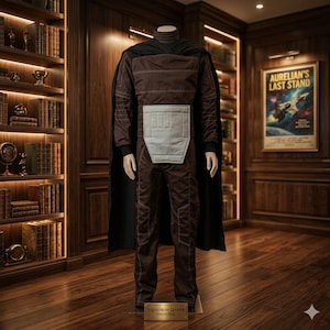 May include: A brown uniform featuring a high collar, long sleeves, and a light gray rectangular panel at the waist. The outfit includes a black cape draped over the shoulders and is displayed on a mannequin with a plaque labeled Squadron Leader Uniform.