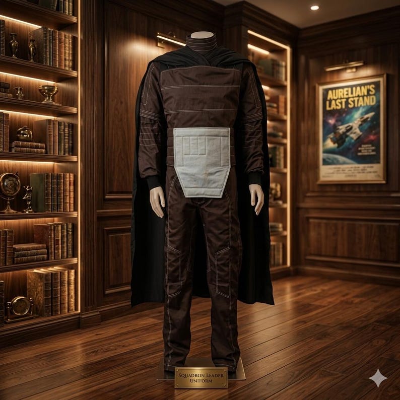 May include: A brown uniform featuring a high collar, long sleeves, and a light gray rectangular panel at the waist. The outfit includes a black cape draped over the shoulders and is displayed on a mannequin with a plaque labeled Squadron Leader Uniform.