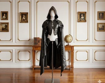 The Dark Warden - Pure Black Leather Medieval Hooded Cloak - Leather Cloak With Vest For Cosplay - Hooded Cloak Leather