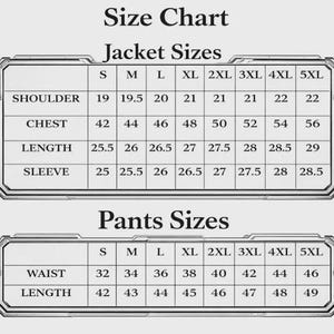 Puede incluir: Una tabla de tallas en blanco y negro para chaquetas y pantalones. La secci&oacute;n de chaquetas enumera las medidas de hombros, pecho, largo y mangas para tallas de la S a la 5XL. La secci&oacute;n de pantalones enumera la cintura y el largo.
