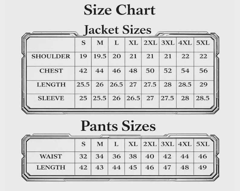 Puede incluir: Una tabla de tallas en blanco y negro para chaquetas y pantalones. La secci&oacute;n de chaquetas enumera las medidas de hombros, pecho, largo y mangas para tallas de la S a la 5XL. La secci&oacute;n de pantalones enumera la cintura y el largo.