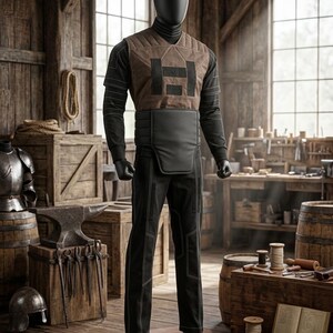 May include: A black mannequin wearing a brown quilted vest with a black rectangular emblem, a black long-sleeved shirt with white stitching, a black waist guard, and black trousers featuring white contrast stitching along the legs.