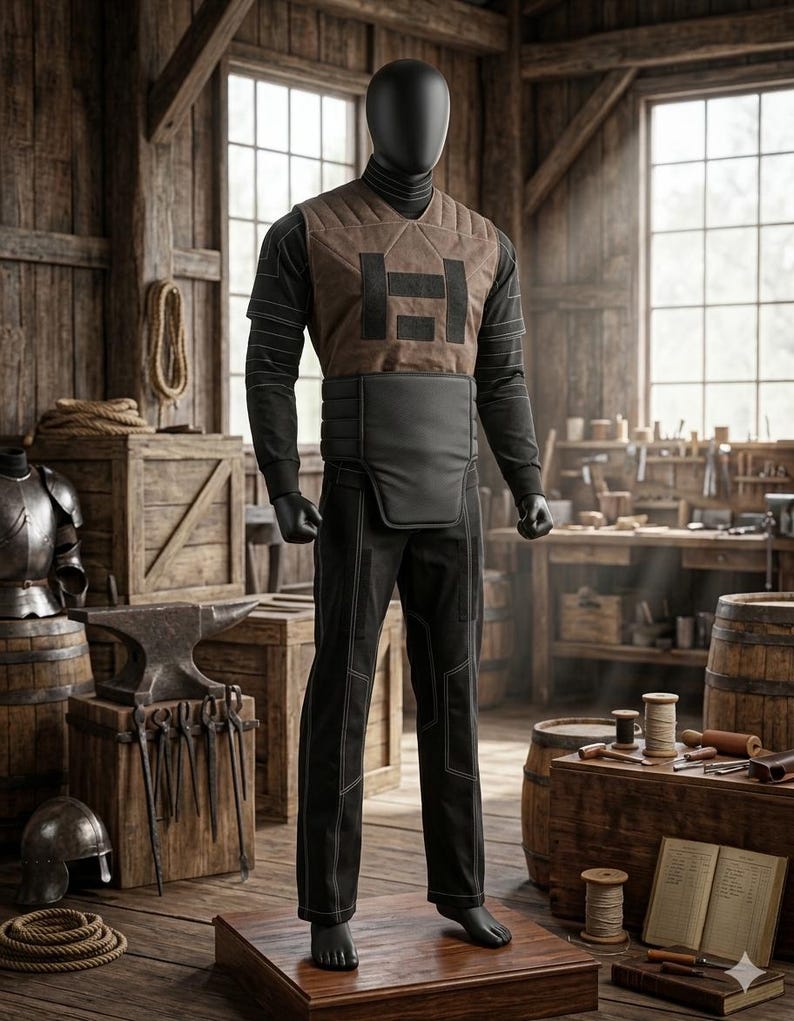 May include: A black mannequin wearing a brown quilted vest with a black rectangular emblem, a black long-sleeved shirt with white stitching, a black waist guard, and black trousers featuring white contrast stitching along the legs.