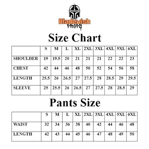 May include: A black and white size chart for Bladewish Props featuring two tables. The top table lists shoulder, chest, length, and sleeve measurements in inches for sizes S through 6XL. The bottom table lists waist and length measurements in inches for pants sizes S through 6XL.