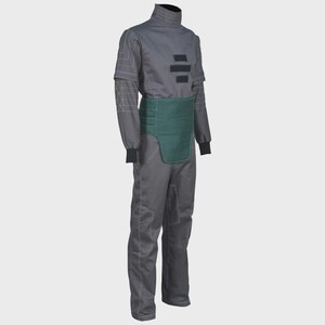 May include: A charcoal gray jumpsuit featuring a high collar, long sleeves with black cuffs, and white geometric stitching patterns. The garment includes a solid dark green rectangular panel across the waist and three horizontal black rectangular patches.