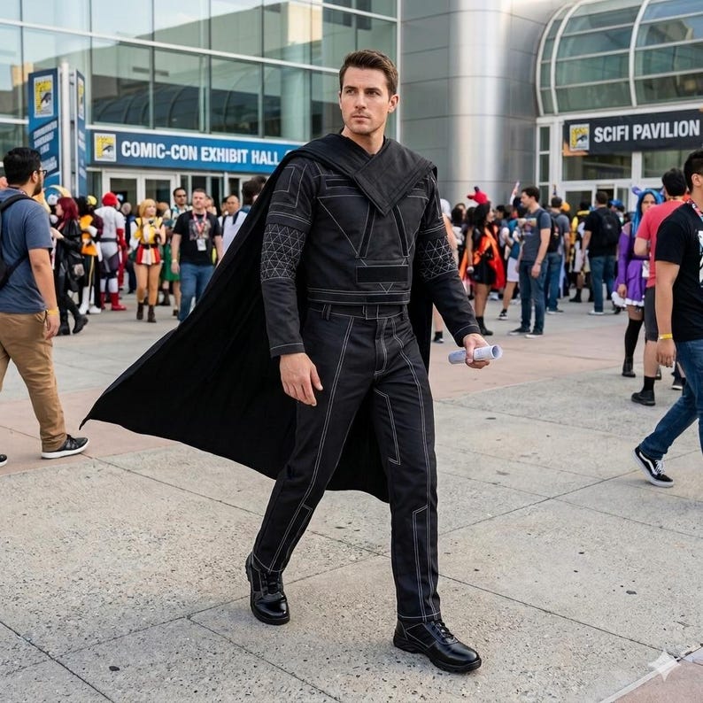 May include: A black long-sleeved shirt with a structured collar and matching black trousers featuring white contrast stitching. The outfit includes a long black cape attached at the shoulders, creating a cohesive dark ensemble with geometric patterns.