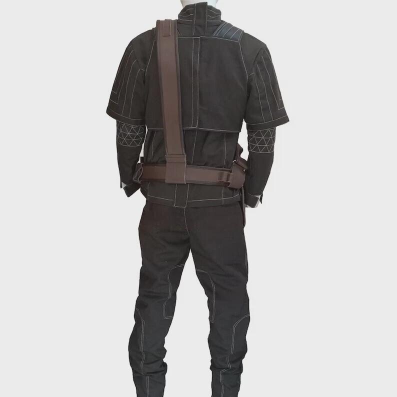 May include: A black long-sleeved jacket and matching trousers set featuring prominent white contrast stitching throughout. The jacket includes a high collar and a brown utility belt with a shoulder strap worn over the torso, showcasing geometric patterns.