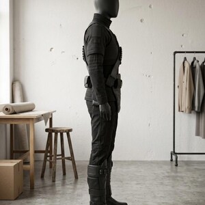 May include: A black mannequin wearing a tactical-style outfit consisting of a high-neck long-sleeved top, fitted trousers, and knee-high boots. The ensemble includes a utility belt with pouches and a structured chest piece with layered panels.