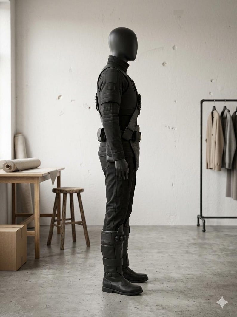 May include: A black mannequin wearing a tactical-style outfit consisting of a high-neck long-sleeved top, fitted trousers, and knee-high boots. The ensemble includes a utility belt with pouches and a structured chest piece with layered panels.