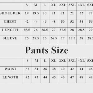 Peut inclure: Un tableau des tailles de v&ecirc;tements en noir et blanc compos&eacute; de deux sections. Le tableau sup&eacute;rieur indique les mesures d'&eacute;paules, de poitrine, de longueur et de manches pour les tailles S &agrave; 5XL. Le tableau inf&eacute;rieur indique les mesures de taille.