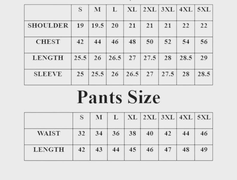 Peut inclure: Un tableau des tailles de v&ecirc;tements en noir et blanc compos&eacute; de deux sections. Le tableau sup&eacute;rieur indique les mesures d'&eacute;paules, de poitrine, de longueur et de manches pour les tailles S &agrave; 5XL. Le tableau inf&eacute;rieur indique les mesures de taille.