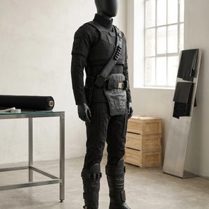 May include: A black tactical outfit displayed on a mannequin, featuring a high-neck long-sleeve shirt, a structured chest plate, a utility belt with a front panel, and tall boots with integrated straps and cylindrical attachments on the shins.