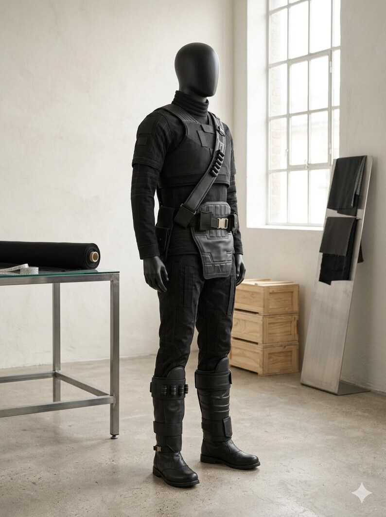 May include: A black tactical outfit displayed on a mannequin, featuring a high-neck long-sleeve shirt, a structured chest plate, a utility belt with a front panel, and tall boots with integrated straps and cylindrical attachments on the shins.