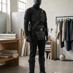 May include: A black mannequin wearing a tactical-style outfit consisting of a high-neck long-sleeve shirt, a structured chest plate, a utility belt with a front pouch, and matching trousers. The ensemble includes tall black boots with straps.