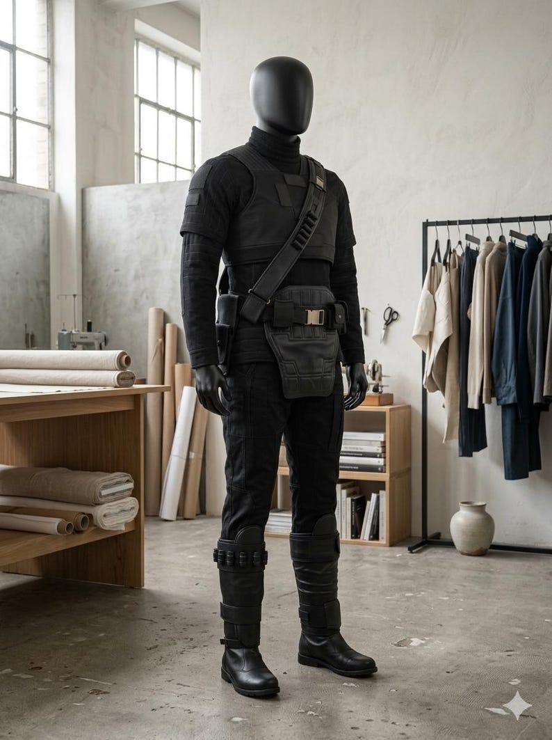 May include: A black mannequin wearing a tactical-style outfit consisting of a high-neck long-sleeve shirt, a structured chest plate, a utility belt with a front pouch, and matching trousers. The ensemble includes tall black boots with straps.