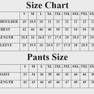 May include: A black and white size chart table for clothing. The top section is labeled Size Chart with rows for Shoulder, Chest, Length, and Sleeve measurements. The bottom section is labeled Pants Size with rows for Waist and Length measurements.