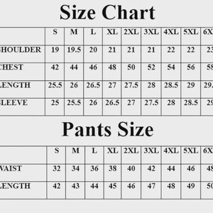 Puede incluir: Una tabla de tallas en blanco y negro para ropa. La secci&oacute;n superior est&aacute; etiquetada como Size Chart con filas para medidas de hombro, pecho, largo y manga en pulgadas para tallas de la S a la 6XL. La secci&oacute;n inferior est&aacute; etiquetada como Pants Size con filas para medidas de cintura y largo en pulgadas para tallas de la S a la 6XL.