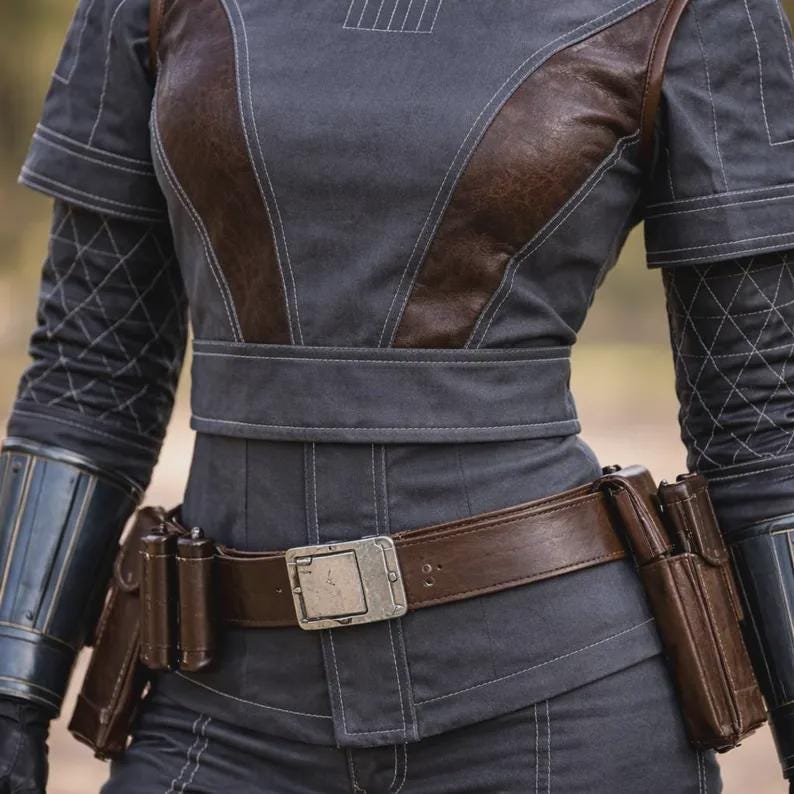 May include: A dark grey short-sleeved tunic featuring brown leather-like panels on the chest, a wide waist belt, and quilted sleeve detailing. A brown utility belt with a metallic buckle and attached pouches is worn around the waist over the tunic.