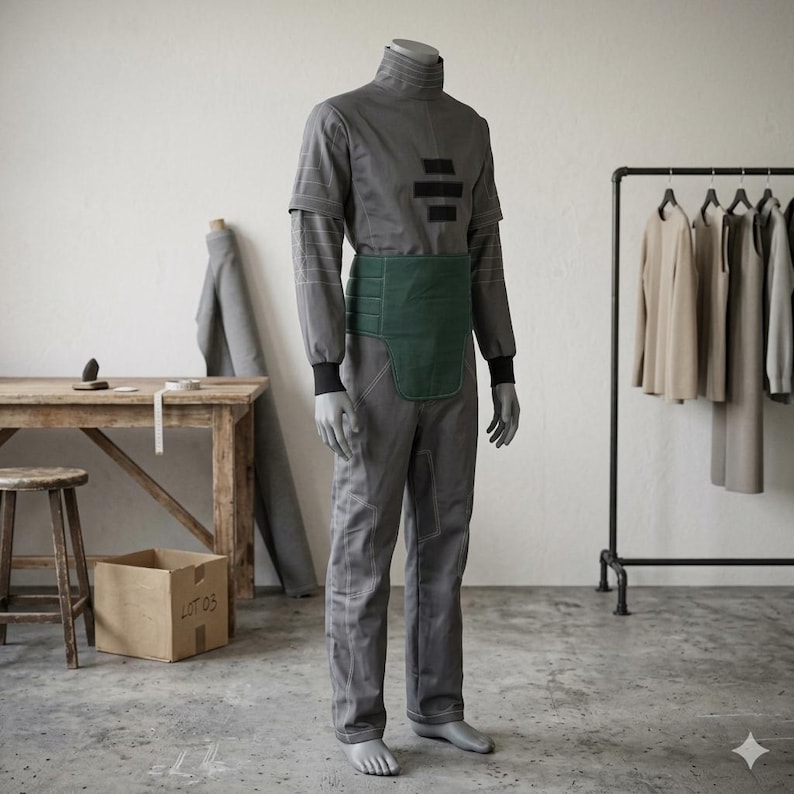 May include: A gray jumpsuit featuring a high collar, short sleeves with white stitched detailing, and a dark green padded waist belt. The garment includes a black rectangular chest patch and white contrast stitching along the legs and sleeves.