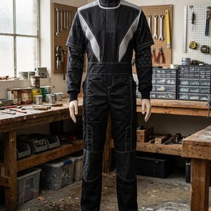 Puede incluir: Un mono negro de manga corta y pantal&oacute;n largo, con paneles de color gris claro en el pecho y los hombros. La prenda cuenta con un cuello alto, una cintura ancha y costuras blancas en contraste, incluyendo un patr&oacute;n geom&eacute;trico en las mangas.