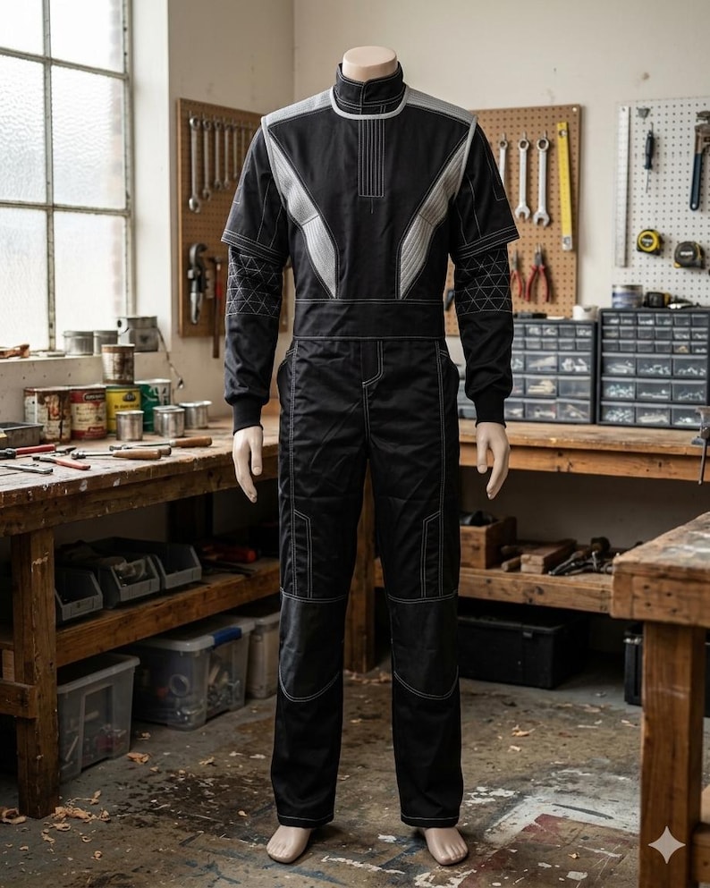 Puede incluir: Un mono negro de manga corta y pantal&oacute;n largo, con paneles de color gris claro en el pecho y los hombros. La prenda cuenta con un cuello alto, una cintura ancha y costuras blancas en contraste, incluyendo un patr&oacute;n geom&eacute;trico en las mangas.