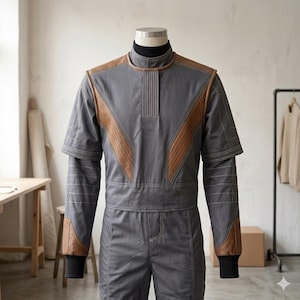 May include: A gray jumpsuit featuring brown leather-like panels on the chest and sleeves. The garment has a high collar, short sleeves layered over long sleeves, a wide waistband, and black ribbed cuffs at the wrists. Visible white stitching.