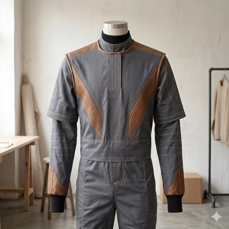 May include: A gray jumpsuit featuring brown leather-like panels on the chest and sleeves. The garment has a high collar, short sleeves layered over long sleeves, a wide waistband, and black ribbed cuffs at the wrists. Visible white stitching.