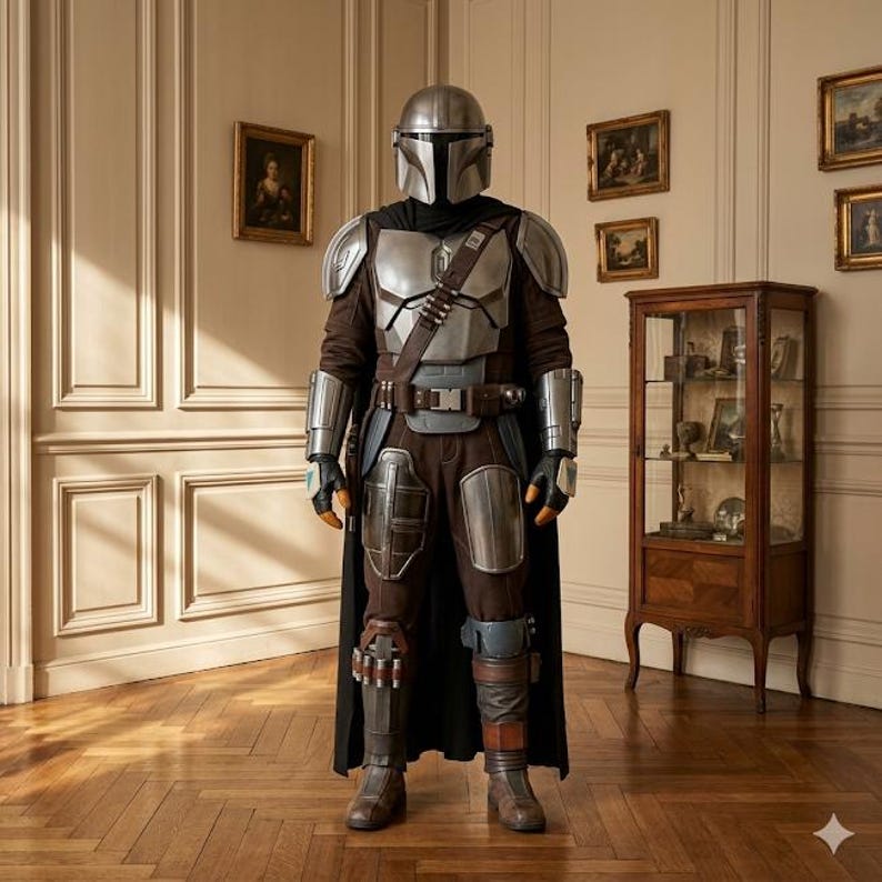 May include: A full-body suit of armor featuring a metallic silver helmet with a T-shaped visor, matching chest plate, shoulder pauldrons, gauntlets, and leg greaves. The costume includes a dark brown jumpsuit, a utility belt, and a long black cape.
