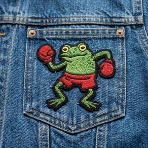 Boxing Frog Embroidered Patch, Funny Animal Iron On Patch, Cute Fighter Frog Applique for Denim Jacket, Backpack Accessory
