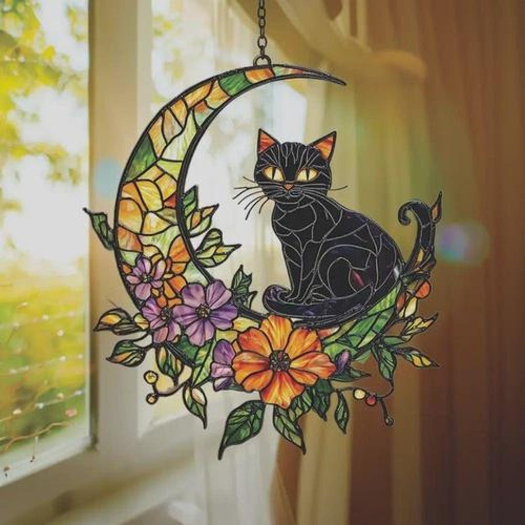 Black Cat Acrylic Faux Stained Glass Suncatcher, Crescent Moon Floral ...