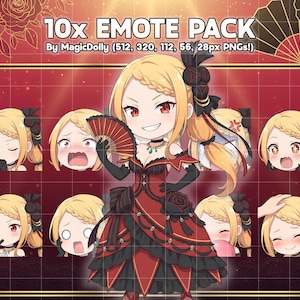 Pode incluir: Um pacote de arte digital com uma personagem de desenho animado num vestido vermelho e preto, segurando um leque. O pacote inclui 10 emotes com várias expressões faciais. O texto na imagem diz "10x EMOTE PACK" e "By MagicDolly".