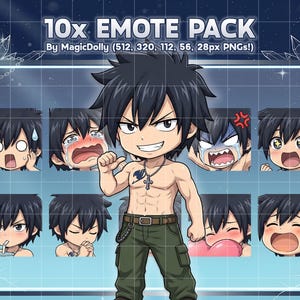 May include: A digital emote pack featuring ten chibi-style illustrations of a dark-haired character with various expressions. The central figure is shirtless with a cross necklace and green cargo pants. Text reads 10x EMOTE PACK By MagicDolly.