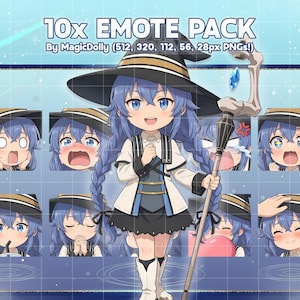 Puede incluir: Gráfico digital que presenta un personaje de anime de pelo azul con un sombrero de bruja y un atuendo, sosteniendo un bastón. La imagen está etiquetada como "10x EMOTE PACK" e incluye varias expresiones faciales en pequeños cuadrados.