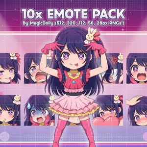 May include: A digital art pack titled "10x EMOTE PACK" featuring a cartoon girl with purple hair and various facial expressions. The girl is wearing a pink dress and gloves. The pack includes 10 different PNG images.