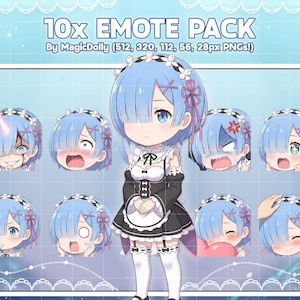 Può includere: Una collezione digitale di 10x Emote Pack di MagicDolly con un personaggio in stile chibi con capelli blu corti, occhi blu e un abito da cameriera. Il set include varie espressioni facciali e pose, presentate come file PNG in diverse dimensioni.
