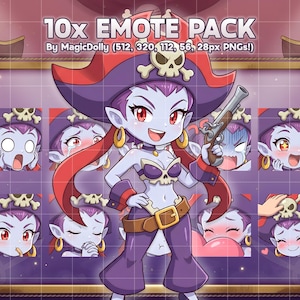 Peut inclure: Un ensemble d'illustrations numériques intitulé 10x EMOTE PACK By MagicDolly (512, 320, 112, 56, 28px PNGs!) montrant un personnage pirate à la peau violette avec un chapeau à tête de mort, tenant un pistolet, entouré de dix émoticônes variées.