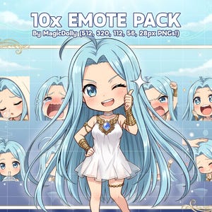 Puede incluir: Un conjunto de ilustraciones digitales titulado 10x EMOTE PACK By MagicDolly (512, 320, 112, 56, 28px PNGs!) que presenta un personaje chibi con cabello largo azul claro y vestido blanco, mostrando varias expresiones y poses en diez iconos.