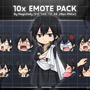 May include: Digital artwork showcasing 10 anime-style emotes. The central character, with black hair and attire, is surrounded by emotes expressing emotions like shock and joy. The text at the top says "10x EMOTE PACK".