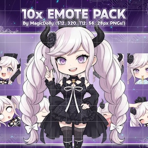 以下が含まれることがあります： 10x EMOTE PACK By MagicDolly (512, 320, 112, 56, 28px PNGs!) と題されたデジタルイラストセット。長い薄紫色の髪、黒い角、黒いドレスを身にまとった中央のちびキャラクターと、その周囲に配置された小さなエモートのバリエーションが描かれています。