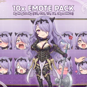 Op de afbeelding: Een digitaal kunstpakket met een personage met lavendelkleurig haar en diverse gezichtsuitdrukkingen. De afbeelding bevat de tekst "10x EMOTE PACK" en "By MagicDolly (512, 320, 112, 56, 28px PNGs!)". Het personage draagt een zwart en gouden outfit en houdt een zilveren bijl vast.