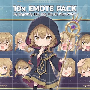 Könnte beinhalten: Ein digitales Kunstpaket mit einer Cartoonfigur mit verschiedenen Gesichtsausdrücken. Die Figur trägt eine dunkle Robe und hält einen Stab. Der Text "10x EMOTE PACK" wird oben angezeigt.