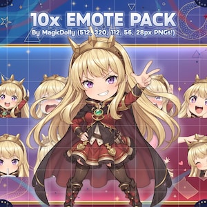 Puede incluir: Un paquete de emotes digitales con un personaje rubio de ojos morados que lleva una corona, un traje rojo y negro y una capa. El conjunto incluye diez variaciones del personaje con diferentes expresiones, etiquetado como 10x EMOTE PACK By MagicDolly.