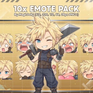 Pode incluir: Um pacote de emotes digitais com dez ilustrações estilo chibi de um personagem de cabelo loiro espetado e olhos azuis. O conjunto inclui várias expressões faciais, com o texto 10x EMOTE PACK By MagicDolly visível.