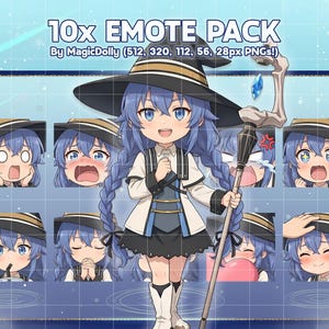 May include: A digital emote pack featuring 10 illustrations of a blue-haired character in a witch hat and outfit. The central figure holds a staff with a blue crystal. The text reads 10x EMOTE PACK By MagicDolly (512, 320, 112, 56, 28px PNGs!).