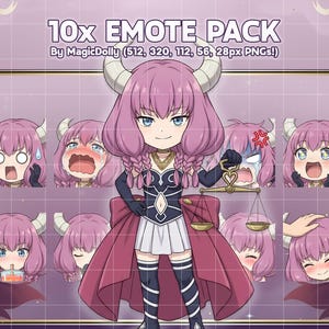 Könnte beinhalten: Ein digitales Emote-Paket mit einer zentralen Anime-Figur mit rosa Haaren und Hörnern, die eine goldene Waage hält. Das Paket enthält 10 Variationen der Figur mit verschiedenen Gesichtsausdrücken, beschriftet mit 10x EMOTE PACK By MagicDolly.