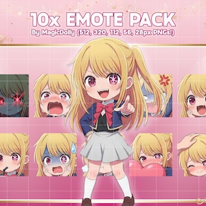 May include: A digital collection of 10 anime-style character emotes featuring a blonde girl with various expressions. The text reads 10x EMOTE PACK By MagicDolly (512, 320, 112, 56, 28px PNGs!). The character wears a blue blazer, white skirt, and red bow.