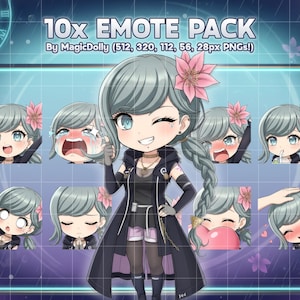 Op de afbeelding: Een digitaal emote-pakket met 10 chibi-stijl karakterillustraties met grijs haar en een roze bloemaccessoire. De set bevat diverse gezichtsuitdrukkingen zoals huilen, knipogen en glimlachen, gelabeld 10x EMOTE PACK By MagicDolly.