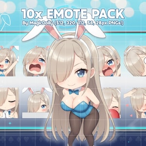 Puede incluir: Una colección digital de 10x EMOTE PACK By MagicDolly (512, 320, 112, 56, 28px PNGs!) con un personaje estilo chibi de pelo largo claro y orejas de conejo blancas. El personaje viste un body azul con pajarita y medias negras.