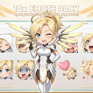 Könnte beinhalten: Ein digitales Emote-Paket mit zehn Chibi-Illustrationen einer blonden Figur in weiß-goldener Rüstung mit Flügeln. Der Text lautet 10x EMOTE PACK By MagicDolly (512, 320, 112, 56, 28px PNGs!) und zeigt verschiedene Gesichtsausdrücke.